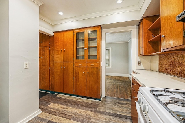 1921 Cornelius Ave SE, Grand Rapids, MI 49507 - kitchen with crown molding, white gas range, open shelves, dark wood-type flooring, and brown cabinetry