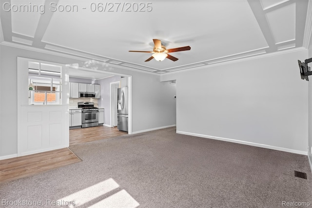 1293 Moulin Ave, Madison Heights, MI 48071 - unfurnished living room with light colored carpet, ceiling fan, and ornamental molding