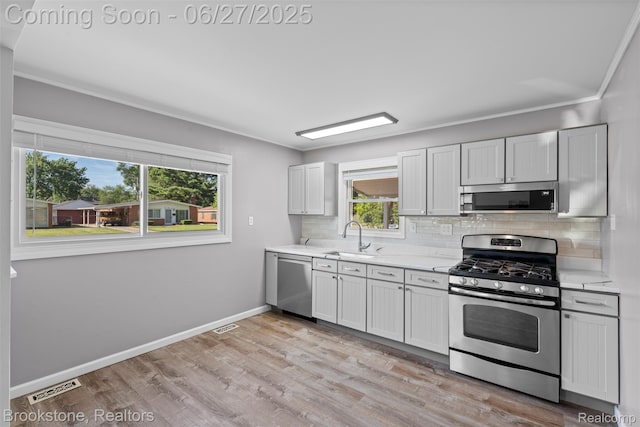 1293 Moulin Ave, Madison Heights, MI 48071 - kitchen featuring stainless steel appliances, tasteful backsplash, light wood-style flooring, and white cabinetry