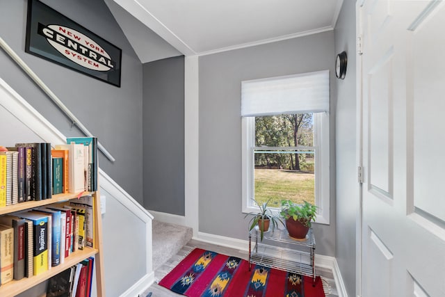 1645 Chlebus St, Jackson, MI 49203 - sitting room featuring stairs, wood finished floors, and crown molding