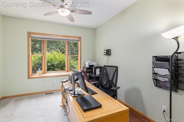 4301 Rolling Acres Dr, Hartland, MI 48353 - carpeted home office featuring a ceiling fan and baseboards