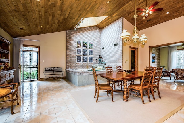 861 S 800 W, Indiana, IN 46341 - dining room featuring high vaulted ceiling, wood ceiling, light tile patterned floors, a chandelier, and a ceiling fan