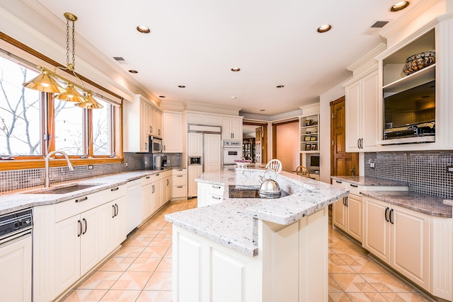 861 S 800 W, Indiana, IN 46341 - kitchen featuring light tile patterned flooring, a center island, white appliances, tasteful backsplash, and recessed lighting
