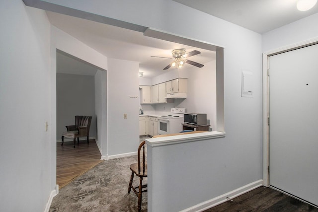 616 Lynn Ave Unit 21, Kalamazoo, MI 49008 - kitchen with white electric range oven, stainless steel microwave, white cabinets, dark wood-style floors, and a ceiling fan