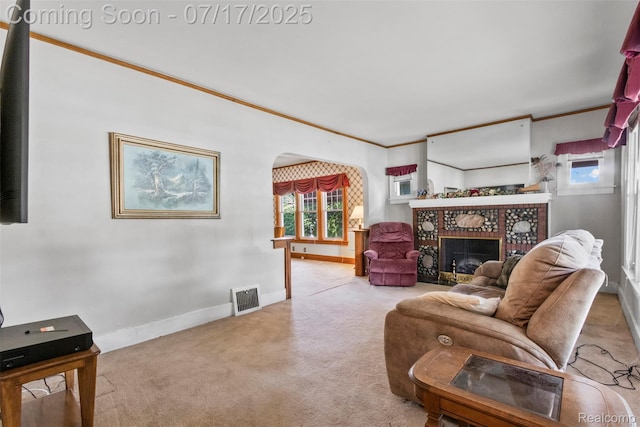 2006 N Connecticut Ave, Royal Oak, MI 48073 - living area with crown molding, carpet flooring, and a fireplace