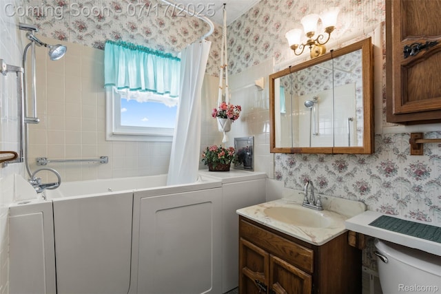 2006 N Connecticut Ave, Royal Oak, MI 48073 - full bathroom with vanity, shower / bath combo with shower curtain, wallpapered walls, and tile walls