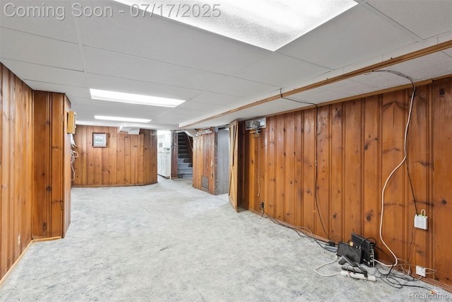2006 N Connecticut Ave, Royal Oak, MI 48073 - finished basement featuring stairway, wooden walls, light colored carpet, and a paneled ceiling