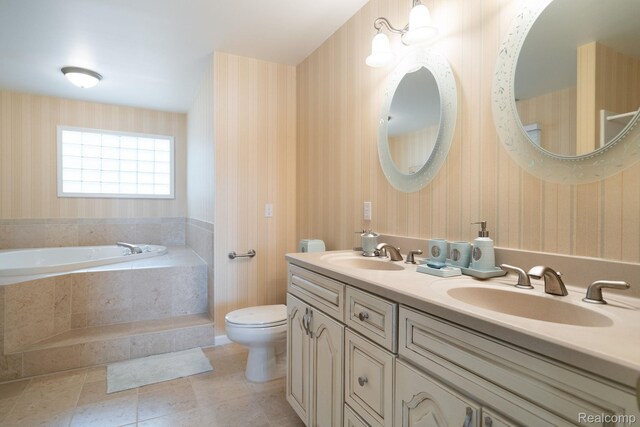 3831 Woodland Dr, Highland, MI 48356 - bathroom featuring wallpapered walls, a garden tub, double vanity, and tile patterned flooring