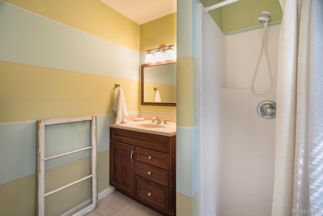 3831 Woodland Dr, Highland, MI 48356 - full bath with vanity, curtained shower, and tile patterned flooring