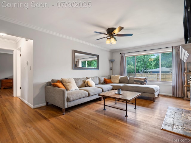 32000 Coronet Dr, Farmington, MI 48334 - living room featuring ceiling fan, light wood-type flooring, and crown molding