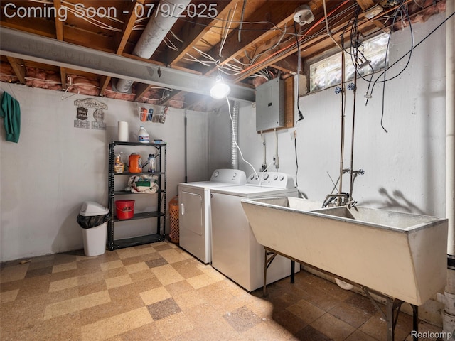 32000 Coronet Dr, Farmington, MI 48334 - laundry room featuring electric panel, washing machine and dryer, and light floors