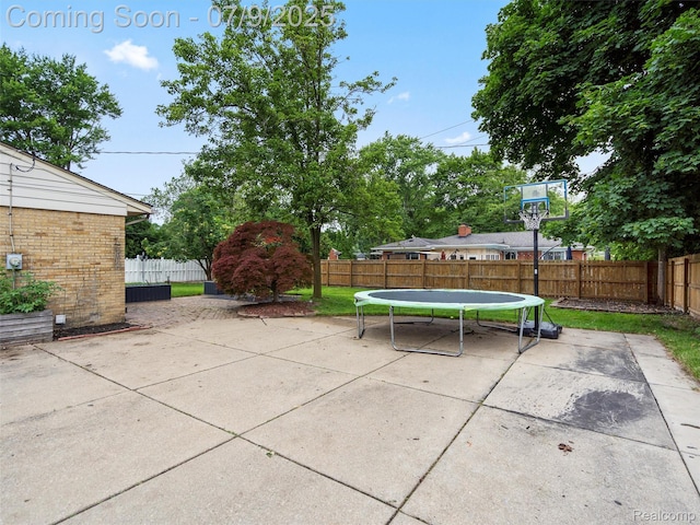 32000 Coronet Dr, Farmington, MI 48334 - fenced backyard featuring a patio and a trampoline