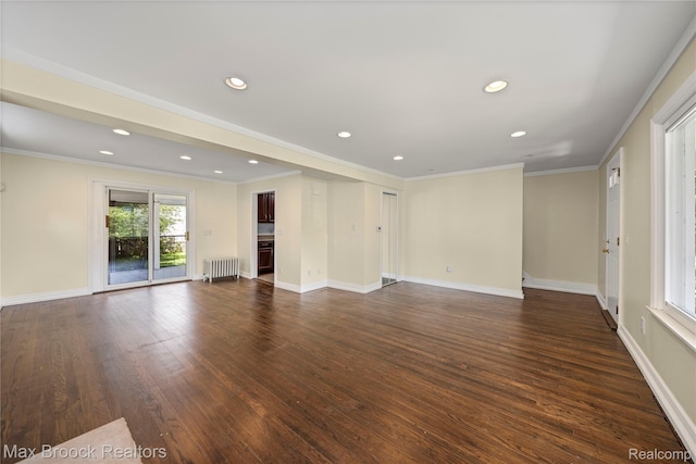 643 Spencer St, Ferndale, MI 48220 - unfurnished living room featuring radiator, dark wood-style flooring, recessed lighting, and ornamental molding