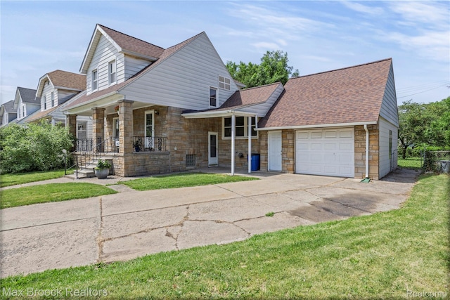 643 Spencer St, Ferndale, MI 48220 - view of front of property with stone siding, a porch, driveway, an attached garage, and a shingled roof