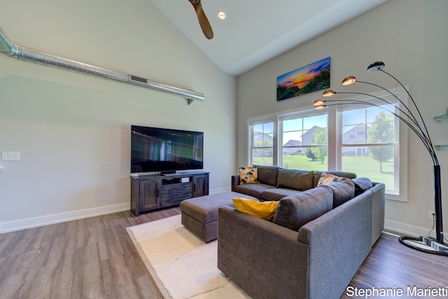 675 Terrace Point Dr, Muskegon, MI 49440 - living room featuring high vaulted ceiling, wood finished floors, and a ceiling fan