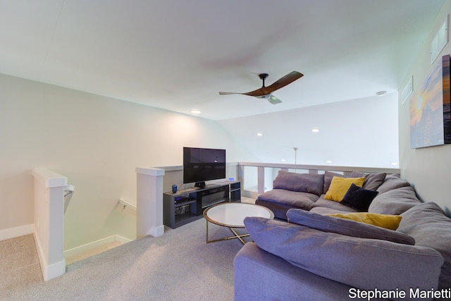 675 Terrace Point Dr, Muskegon, MI 49440 - carpeted living area featuring ceiling fan and lofted ceiling