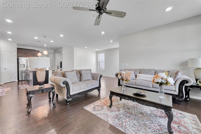 38731 Chasewood Ct, Farmington Hills, MI 48335 - living area featuring a ceiling fan, recessed lighting, and dark wood-style flooring