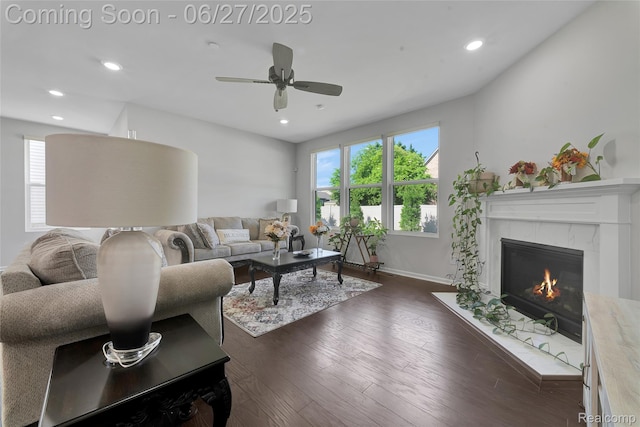 38731 Chasewood Ct, Farmington Hills, MI 48335 - living room featuring recessed lighting, ceiling fan, a fireplace, and dark wood-type flooring