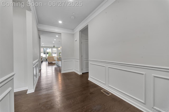 38731 Chasewood Ct, Farmington Hills, MI 48335 - hallway with crown molding, dark wood-style flooring, a wainscoted wall, a decorative wall, and recessed lighting