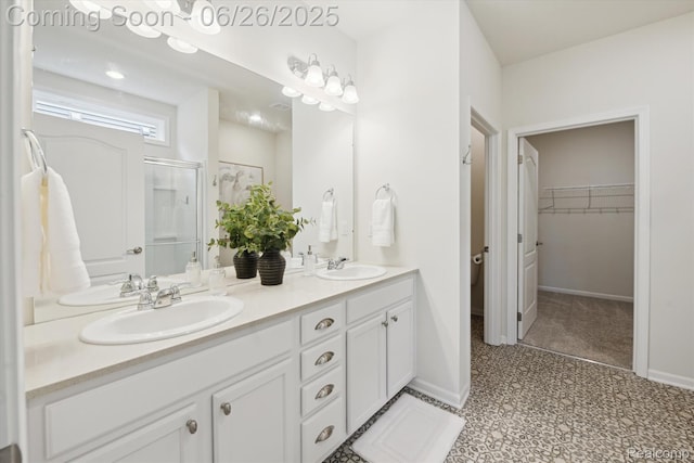 1065 Spring Trail Ct, Brighton, MI 48116 - full bathroom featuring double vanity, a walk in closet, a shower with shower door, and tile patterned floors