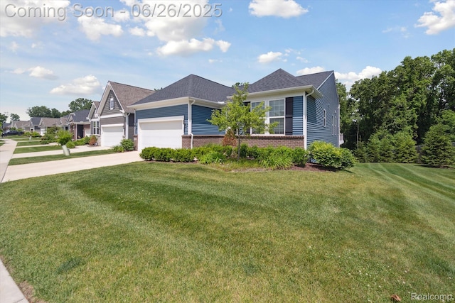 1065 Spring Trail Ct, Brighton, MI 48116 - ranch-style house featuring a garage, a front lawn, brick siding, and concrete driveway