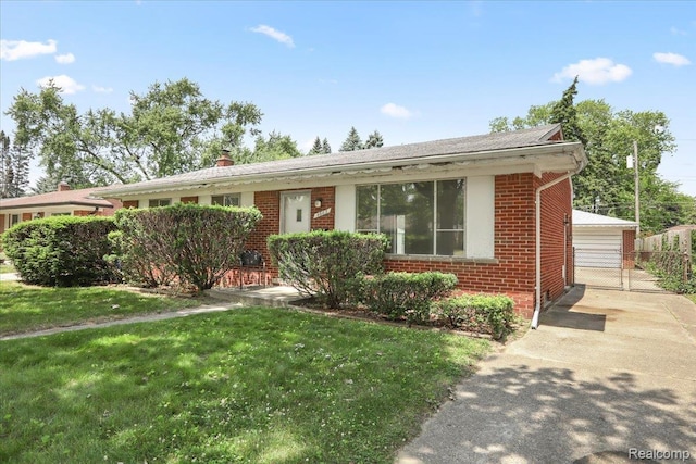 4663 Marian Ave, Warren, MI 48092 - view of front of house featuring brick siding, a front lawn, a chimney, an outbuilding, and a garage