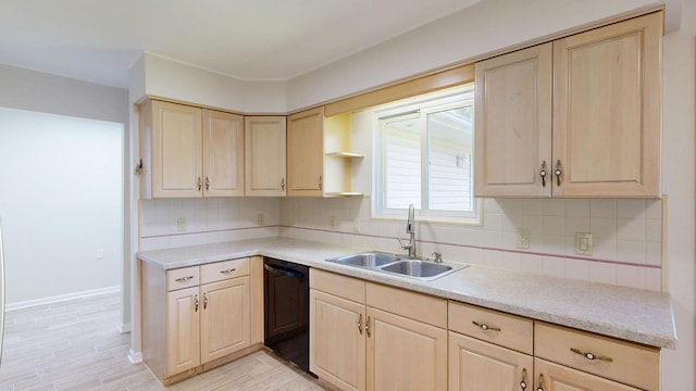 7106 Partridge Dr, Flushing, MI 48433 - kitchen with dishwasher, light brown cabinetry, and decorative backsplash