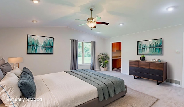 7106 Partridge Dr, Flushing, MI 48433 - bedroom with light carpet, vaulted ceiling, a ceiling fan, and recessed lighting