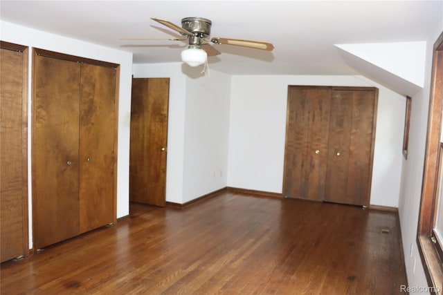 320 Nancy Bird Ln, Clarkston, MI 48371 - unfurnished bedroom with hardwood / wood-style floors, multiple closets, and ceiling fan