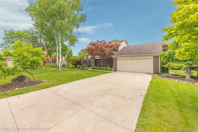 6247 Carpathian Ct, West Bloomfield, MI 48324 - obstructed view of property with brick siding, a front lawn, concrete driveway, and a garage