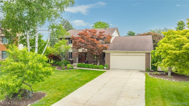 6247 Carpathian Ct, West Bloomfield, MI 48324 - view of property hidden behind natural elements featuring brick siding, concrete driveway, a front yard, a garage, and a shingled roof