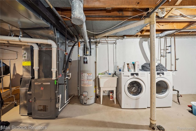 6247 Carpathian Ct, West Bloomfield, MI 48324 - unfinished below grade area with gas water heater, washing machine and clothes dryer, and heating unit