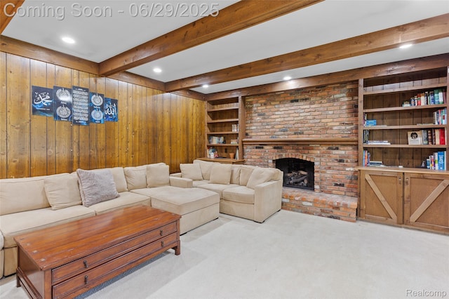 1304 Player Dr, Troy, MI 48085 - living area with wooden walls, carpet floors, beam ceiling, a brick fireplace, and recessed lighting