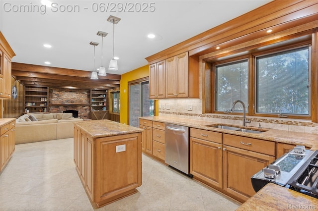 1304 Player Dr, Troy, MI 48085 - kitchen with dishwasher, a fireplace, recessed lighting, light stone countertops, and a kitchen island
