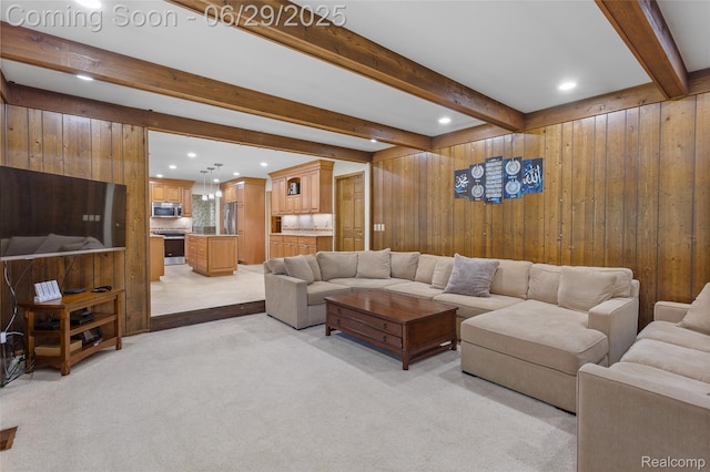 1304 Player Dr, Troy, MI 48085 - living area featuring beamed ceiling, wooden walls, light carpet, and recessed lighting