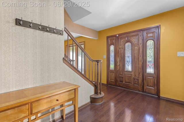 1304 Player Dr, Troy, MI 48085 - foyer entrance with dark wood-style flooring and stairway