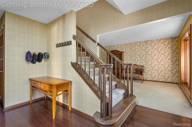 1304 Player Dr, Troy, MI 48085 - staircase with wallpapered walls and wood-type flooring