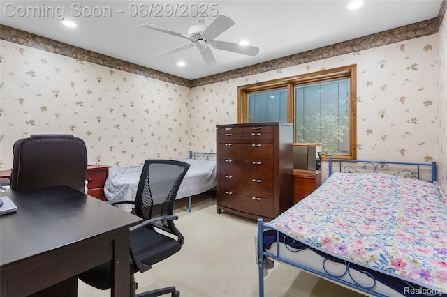 1304 Player Dr, Troy, MI 48085 - bedroom with wallpapered walls, light carpet, an office area, recessed lighting, and a ceiling fan