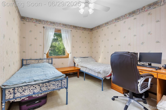 1304 Player Dr, Troy, MI 48085 - bedroom with wallpapered walls, a desk, carpet, and ceiling fan