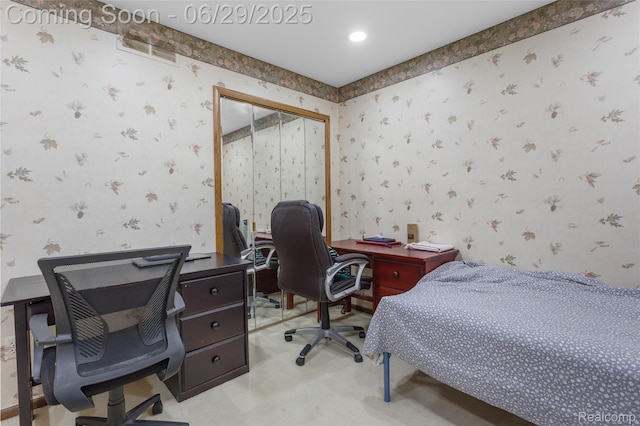 1304 Player Dr, Troy, MI 48085 - bedroom featuring wallpapered walls, a closet, light colored carpet, and an office area
