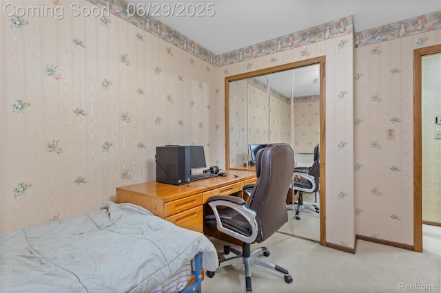 1304 Player Dr, Troy, MI 48085 - bedroom featuring a desk, light colored carpet, wallpapered walls, and a closet