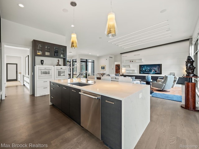 4890 Charing Cross Rd, Bloomfield Hills, MI 48304 - kitchen featuring dishwasher, dark wood finished floors, a kitchen island with sink, open floor plan, and recessed lighting