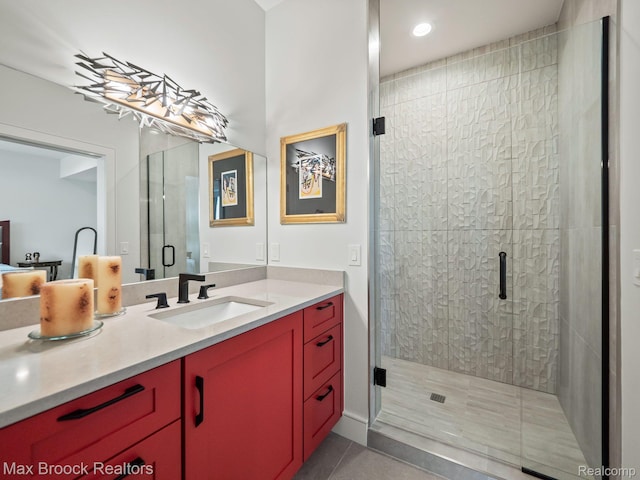 4890 Charing Cross Rd, Bloomfield Hills, MI 48304 - bathroom with vanity, tile patterned flooring, a shower stall, and recessed lighting