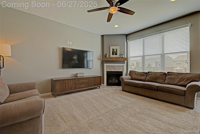 28545 Cottage Ln, New Hudson, MI 48165 - living area with ceiling fan, light carpet, a fireplace, and recessed lighting