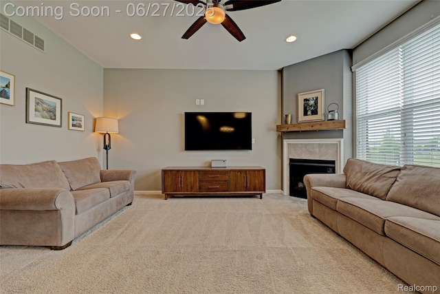 28545 Cottage Ln, New Hudson, MI 48165 - living area with a ceiling fan, carpet floors, recessed lighting, and a fireplace
