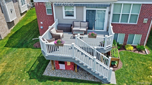 28545 Cottage Ln, New Hudson, MI 48165 - wooden deck with an outdoor living space, a yard, and stairway