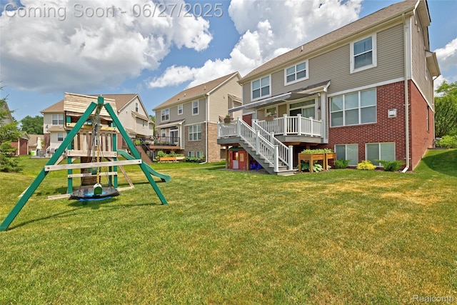 28545 Cottage Ln, New Hudson, MI 48165 - view of jungle gym featuring a wooden deck, a yard, a residential view, and stairway