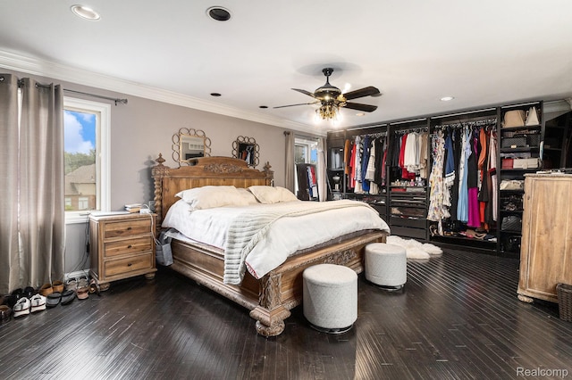 50530 Hunters Creek Trl, Shelby Twp, MI 48317 - bedroom featuring ornamental molding, dark wood finished floors, a ceiling fan, and recessed lighting