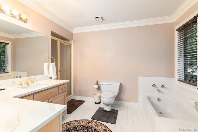 50530 Hunters Creek Trl, Shelby Twp, MI 48317 - full bath with crown molding, vanity, a garden tub, tile patterned flooring, and a stall shower