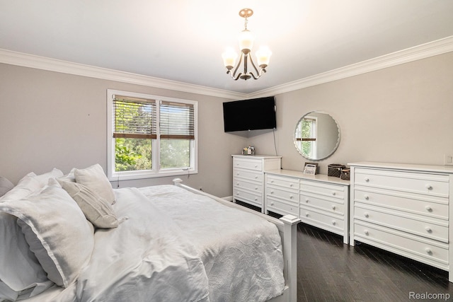 50530 Hunters Creek Trl, Shelby Twp, MI 48317 - bedroom with ornamental molding, a chandelier, and dark wood-type flooring